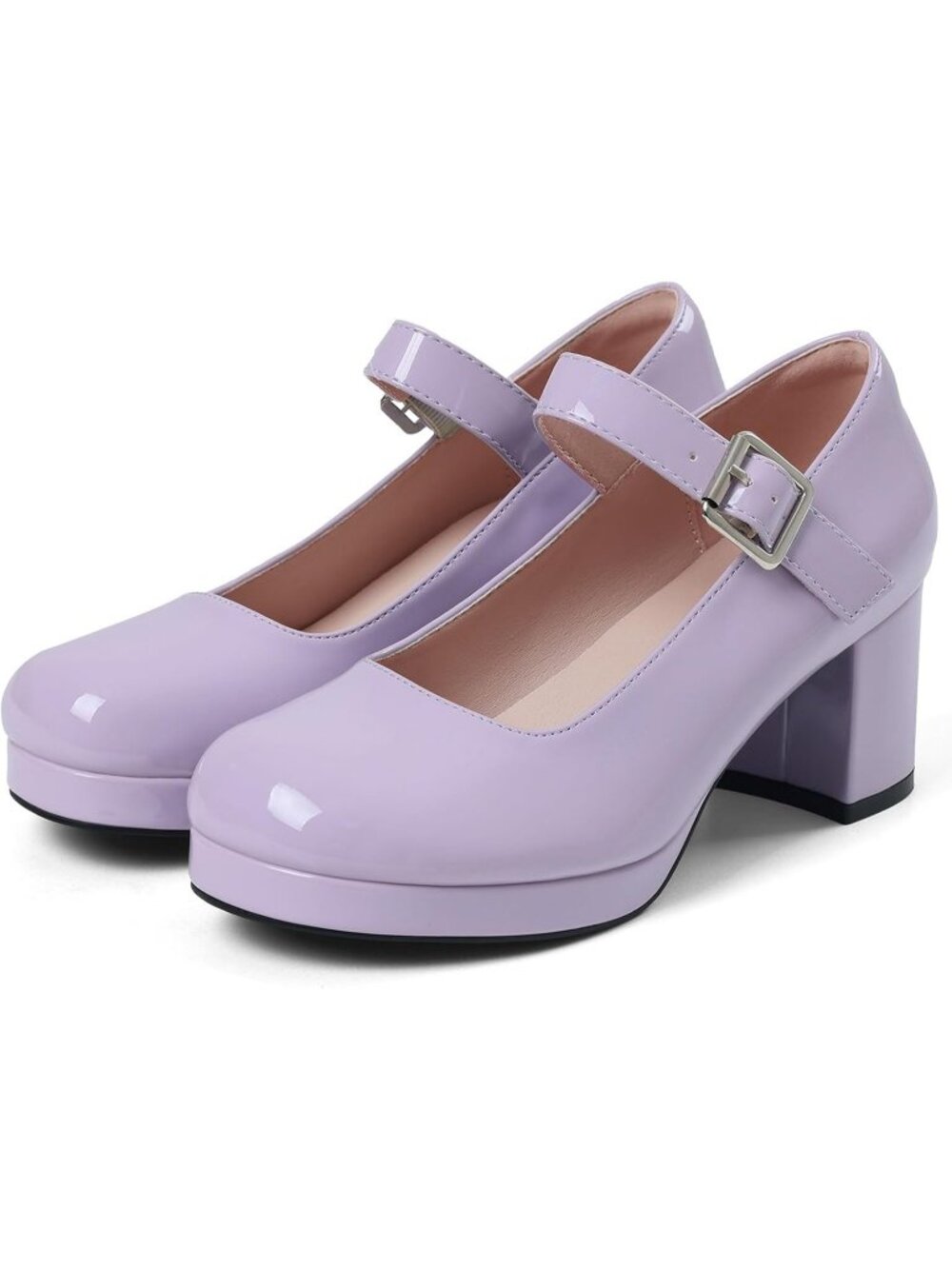 Women's Purple Low Chunky Heel Mary Jane Ankle Buckle Strap Sweet Round Toe Shoe